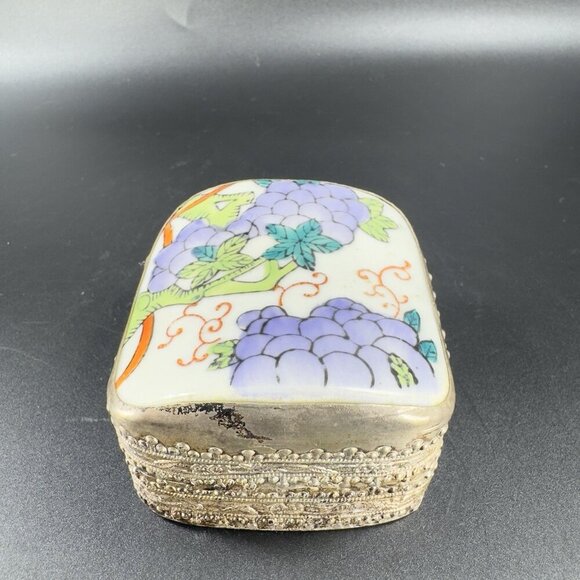 Vintage Silver Plated Trinket Box Holder Multicolor Porcelain Top Floral Pattern - Picture 12 of 12